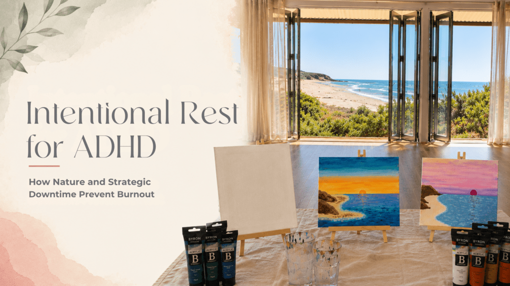 Empty canvas with paint supplies positioned in front of open doors overlooking the Kimberley coastline, symbolizing creativity and new beginnings.