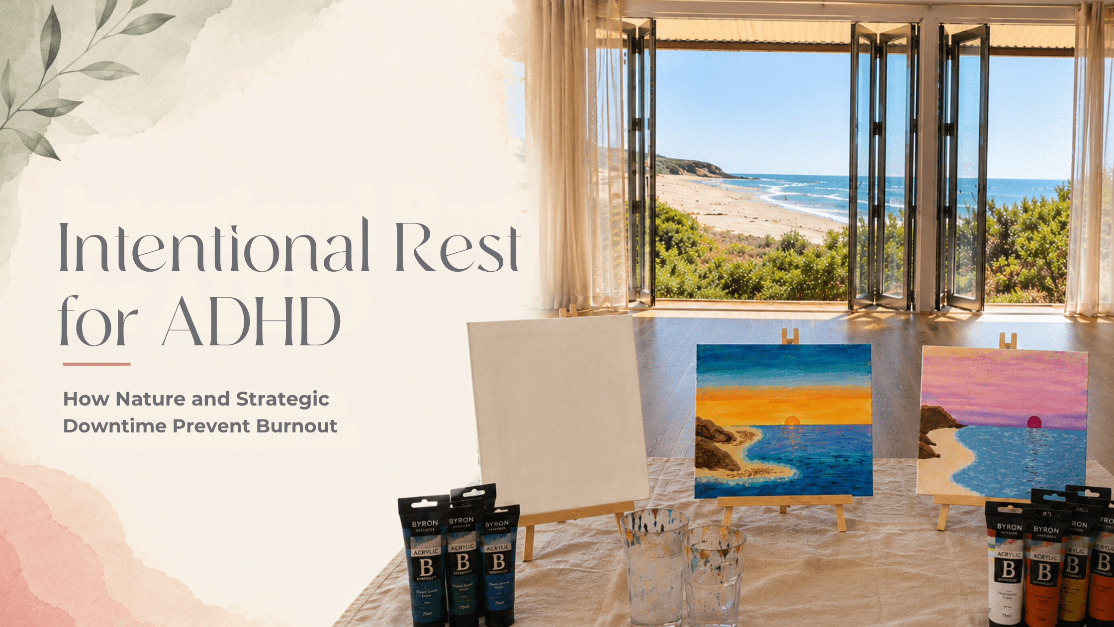 Empty canvas with paint supplies positioned in front of open doors overlooking the Kimberley coastline, symbolizing creativity and new beginnings.