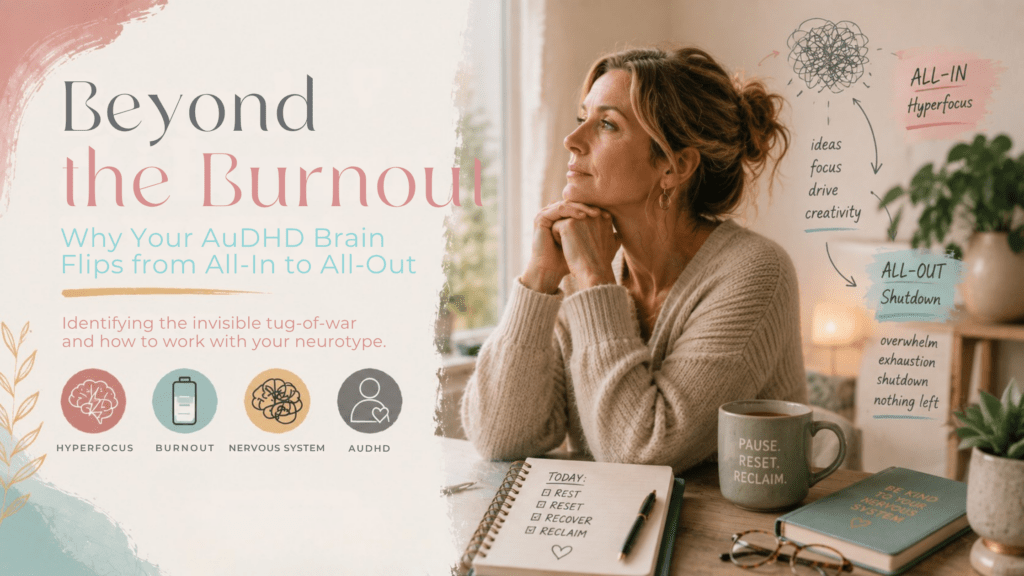 Beyond the Burnout – editorial illustration showing a woman experiencing the cycle of AuDHD hyperfocus, overwhelm, and nervous system shutdown.